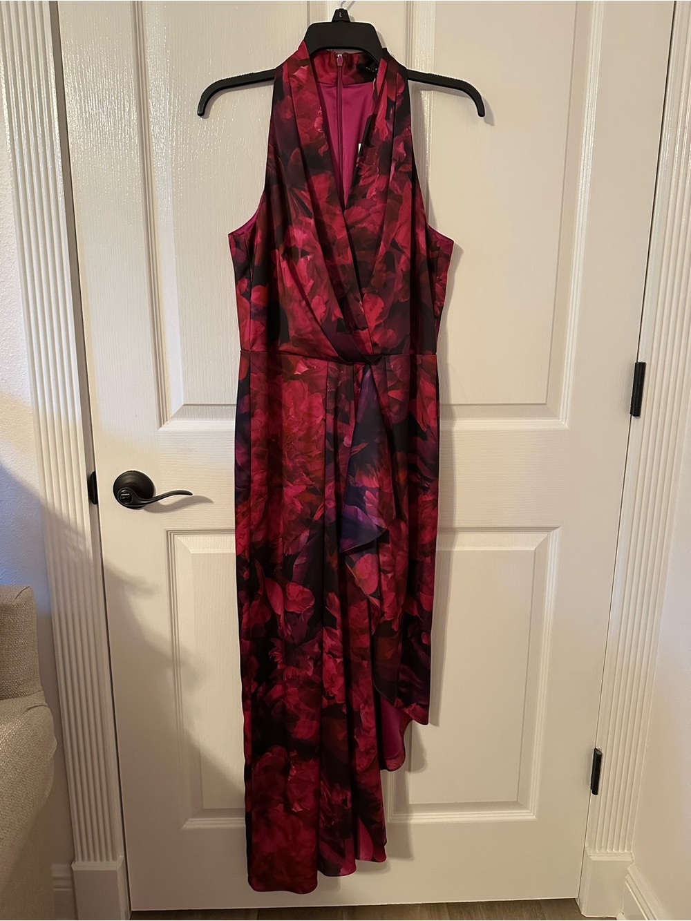 Alex Marie Sleeveless Halter Floral High-Low Dress in Fuchsia and Magenta - Picture 3 of 6
